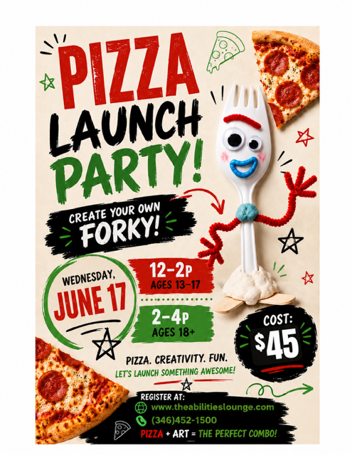 Pizza Launch Party — create your own Forky! Wednesday, June 17. Ages 13–17 from 12–2pm, ages 18+ from 2–4pm. Cost $45.