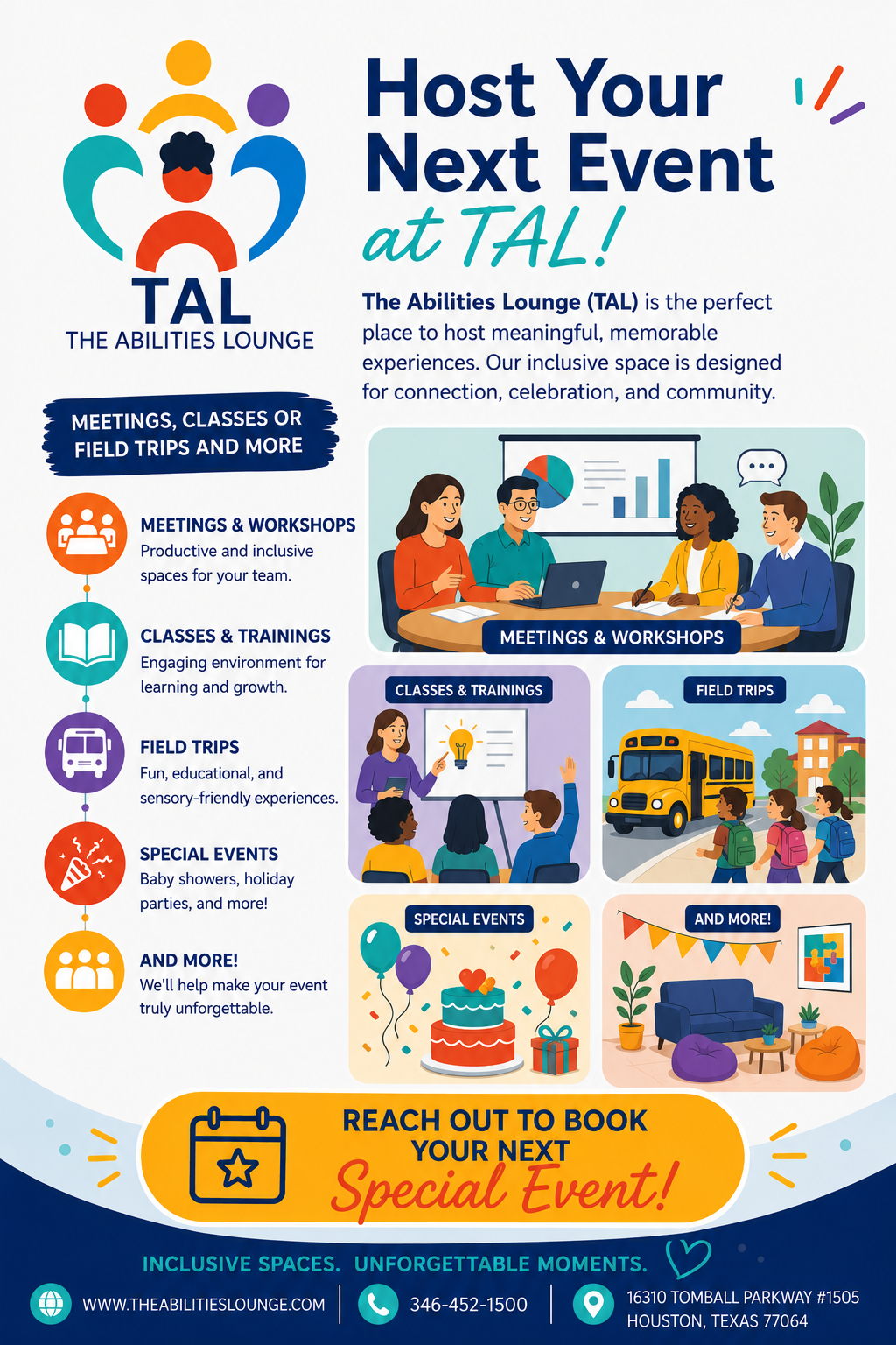 TAL Special Events flyer. Host your next event at The Abilities Lounge: meetings and workshops, classes and trainings, field trips, special events such as baby showers and holiday parties, and more.